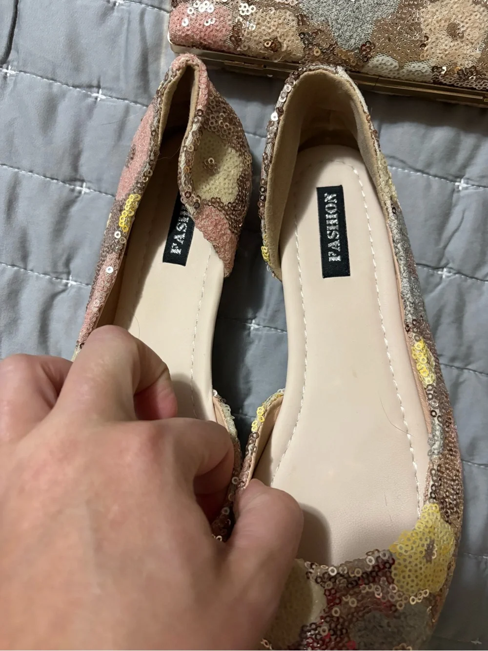 Matching Floral Sequin Pointed Toe Flats and Clutch Set - Pink Multi